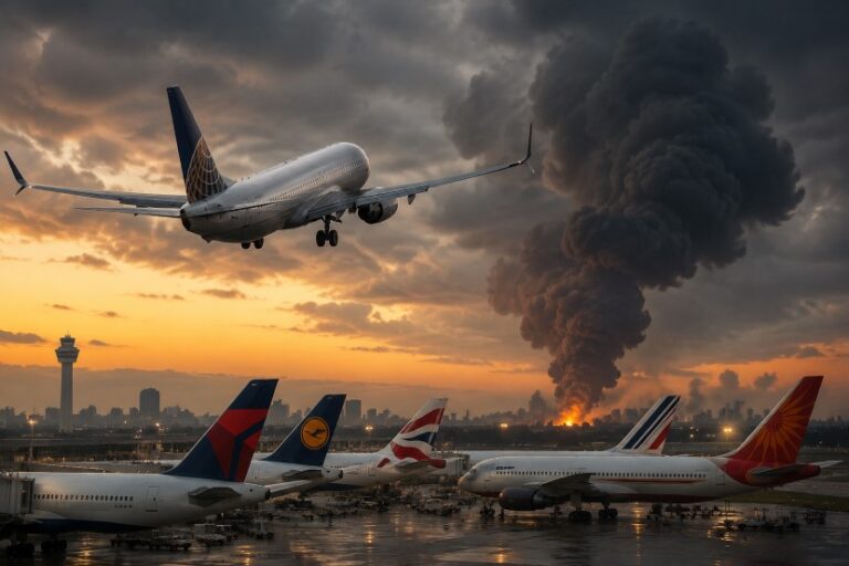 Airplane taking off over a smoky fire plume at sunset, with parked jets on a wet tarmac below.