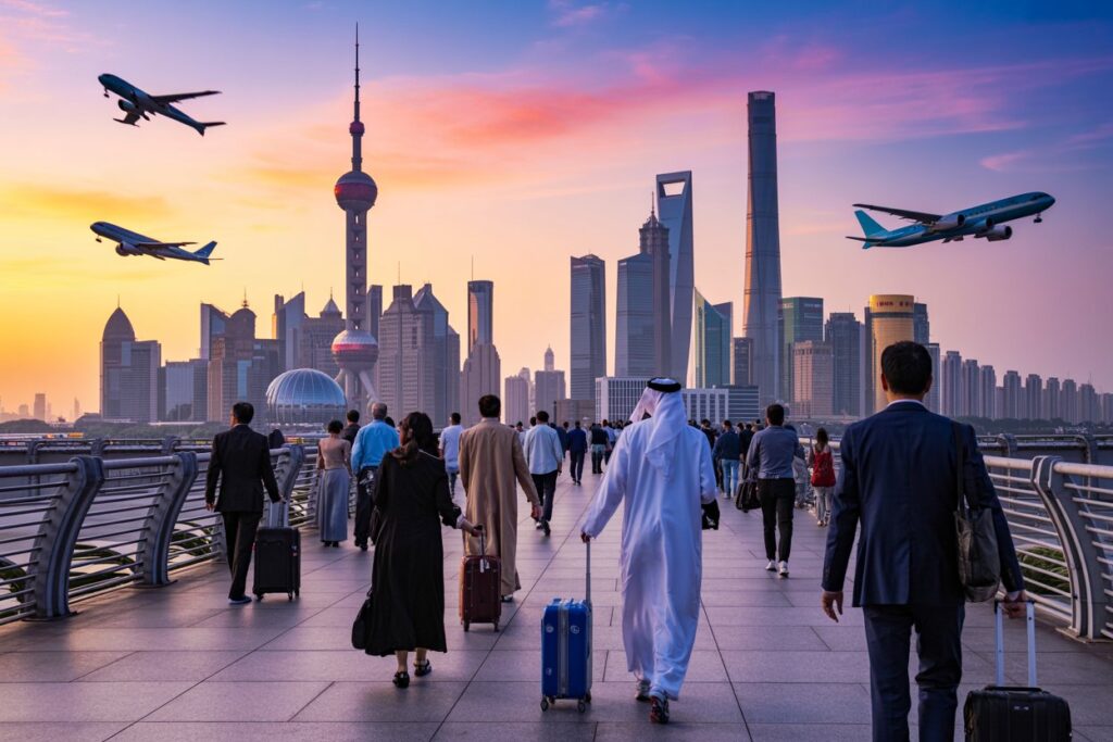People walk along a waterfront promenade toward a futuristic city skyline at sunset, with airplanes flying overhead.