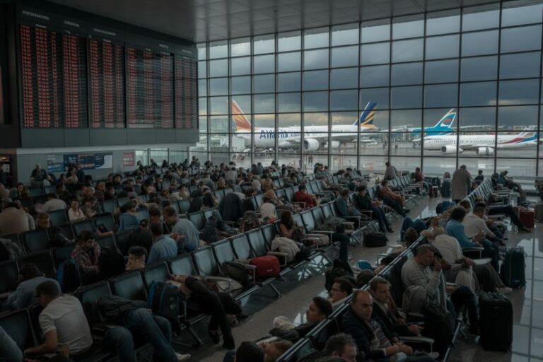 Busy airport terminal with passengers seated and waiting; windows overlook parked airplanes on the tarmac outside.