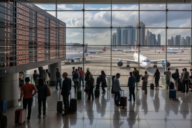 Passengers with rolling suitcases gather inside a bright airport terminal while planes sit at the gate outside; a large board lists canceled flights nearby, city skyline in the distance.