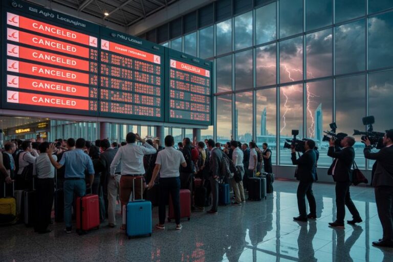 Crowd of travelers with colorful luggage watches a flight information board displaying CANCELED flights at an airport terminal as photographers film the scene outside a stormy window.