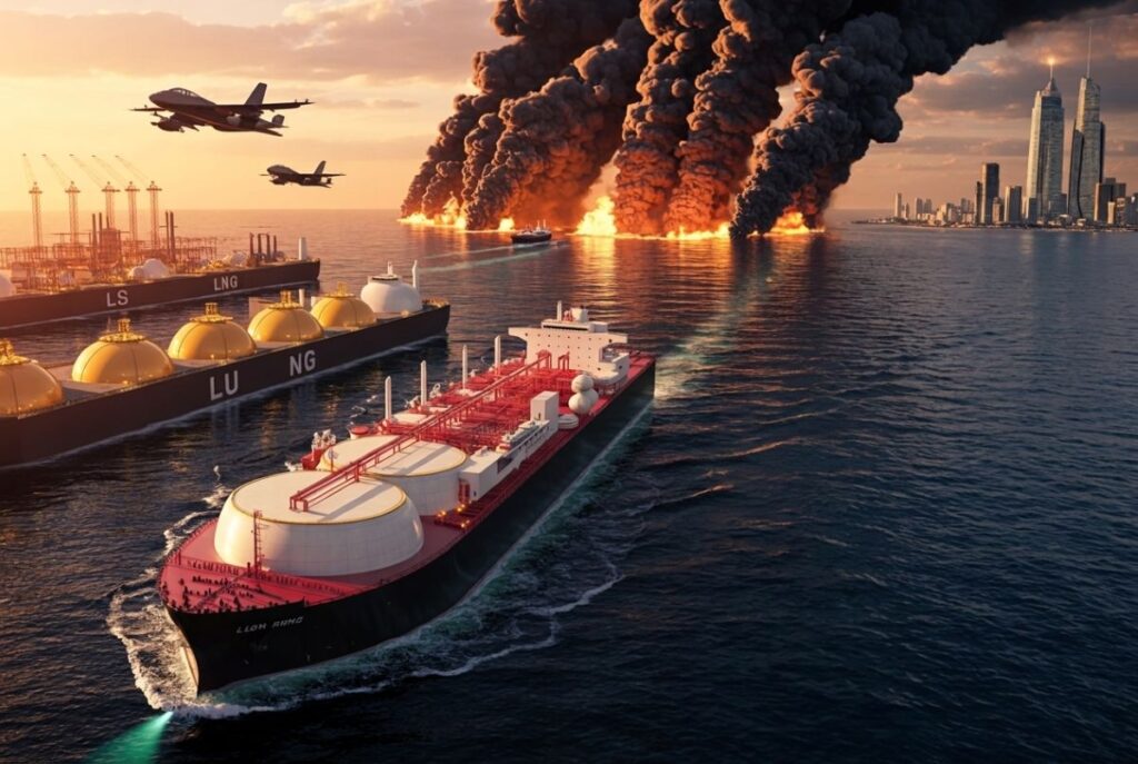 A large LNG tanker in the foreground as an offshore facility erupts in flames with thick black smoke, planes overhead, and a city skyline in the distance.