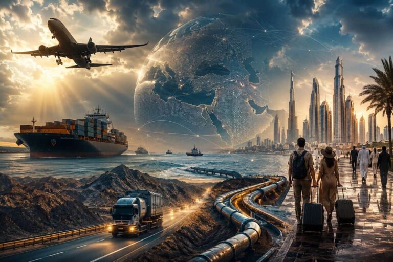 Global trade scene with a cargo ship, airplane, trucks, and pipelines against a globe and a futuristic city skyline at sunset.