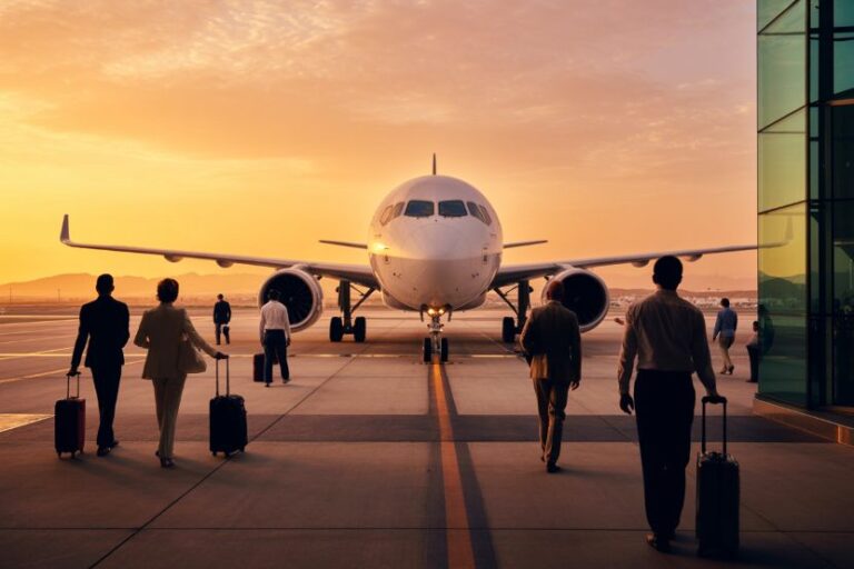 Passengers with rolling suitcases walk toward a large airplane on the runway at sunset, with a glass airport terminal on the right.