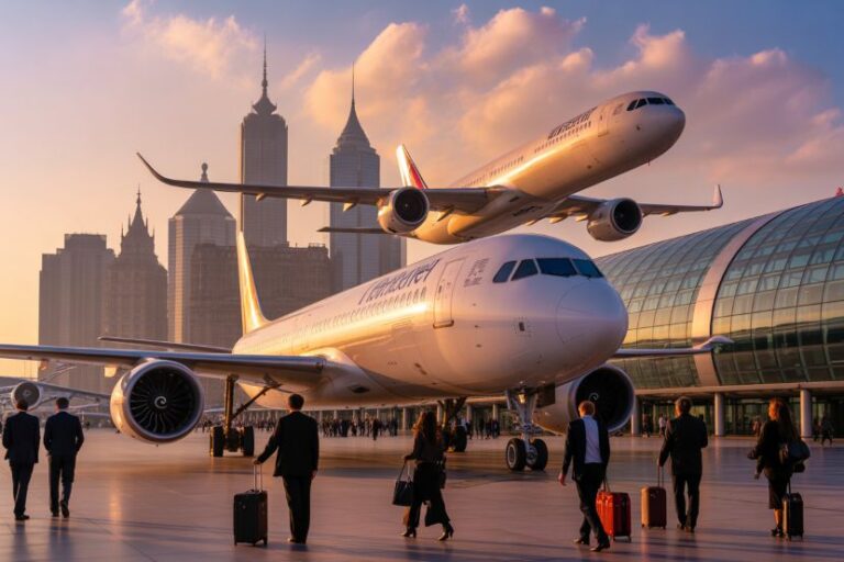 Passengers with rolling suitcases walk near two large commercial jets on the tarmac at sunset, with a city skyline and modern terminal in the background.