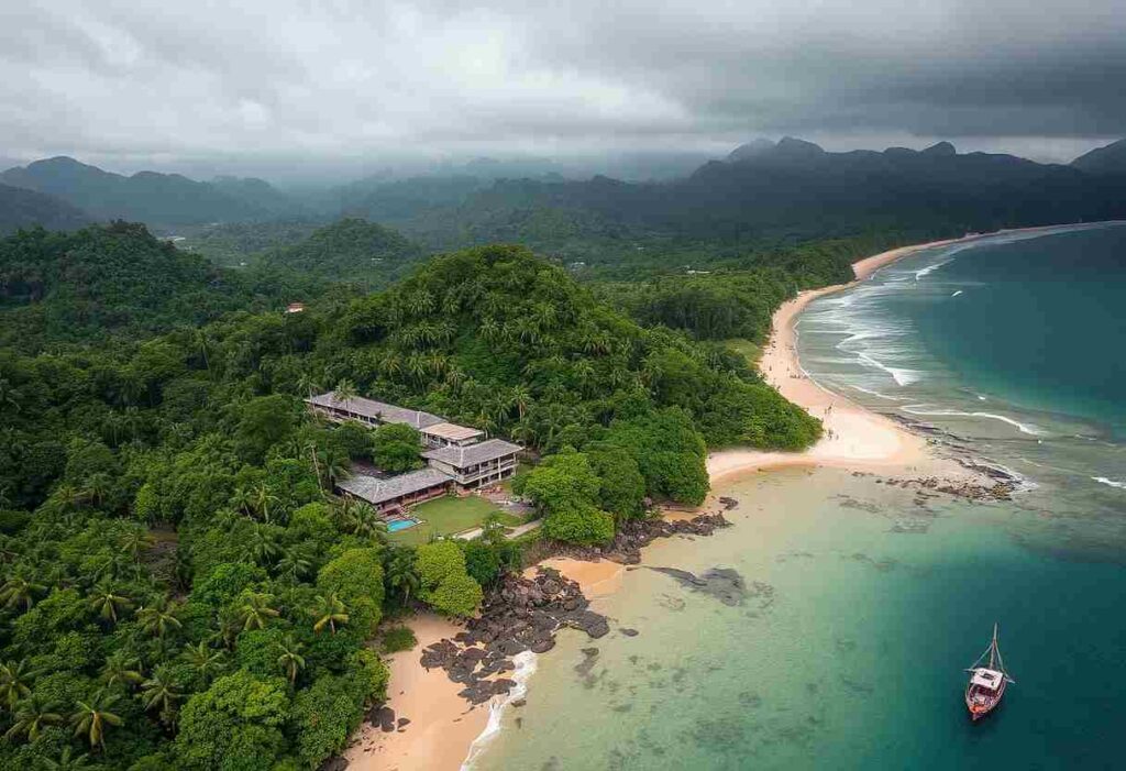 A tropical seaside resort nestled in dense jungle with a sandy beach and turquoise bay, seen from above under cloudy skies.
