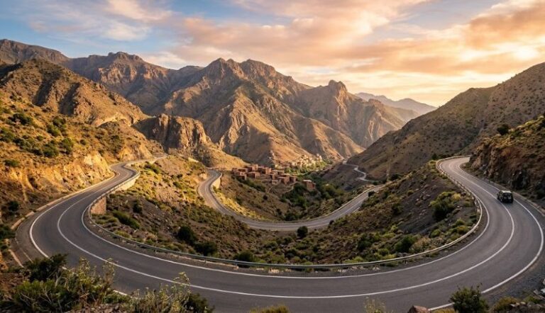 Winding mountain road curves through rocky hills at sunset, with a small village nestled in the valley.
