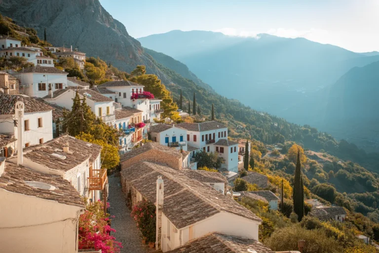 White-washed houses with red-tiled roofs line a narrow cobblestone street on a sunlit hillside village, with mountains in the distance.