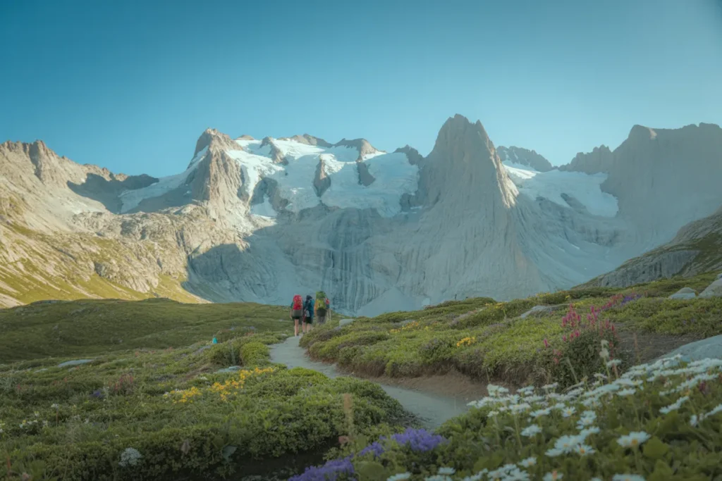 Two hikers with backpacks walk along a mountain trail toward snowy peaks and rugged cliffs under a clear blue sky, with wildflowers in the foreground.