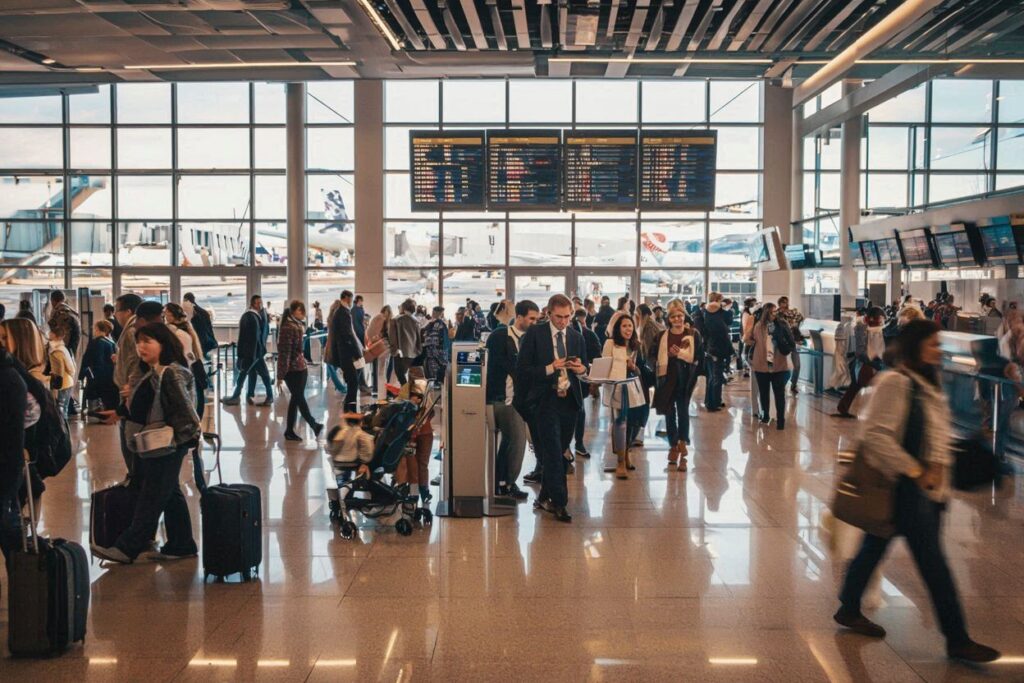 Crowded airport check-in area with travelers pulling luggage and looking at screens near departure boards in a bright terminal.