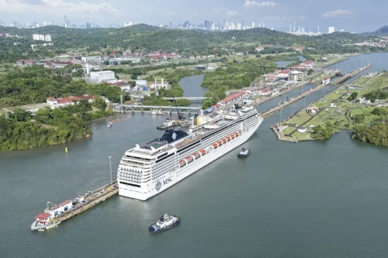 Large white MSC cruise ship navigating a canal lock with tugboats nearby, green hills and a distant city skyline in view.