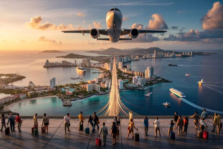 Airplane flying low over a coastal city with a long illuminated bridge; travelers with luggage watch from a viewing platform at sunset.