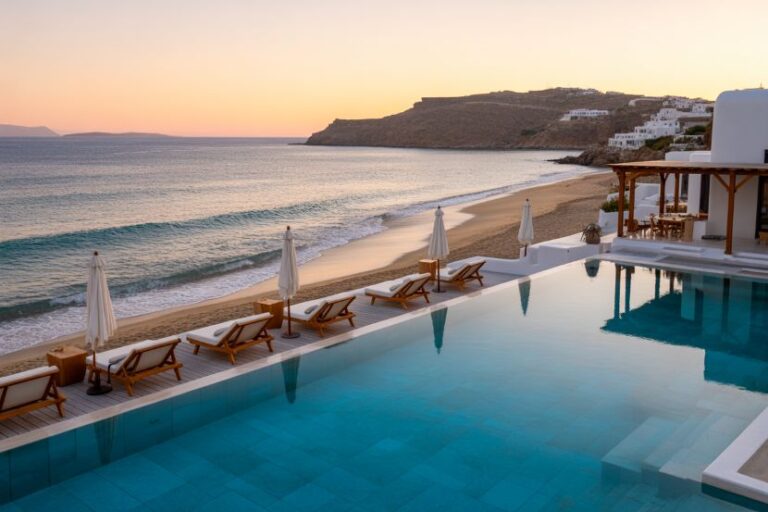 Infinity pool at sunset overlooking a sandy beach and calm sea, with wooden lounge chairs and white umbrellas along the pool edge.
