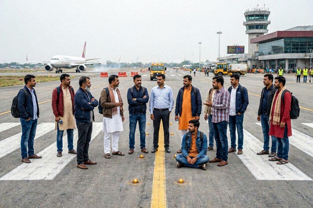Group of men standing in a circle on an airport runway, with a passenger plane and control tower visible in the background.
