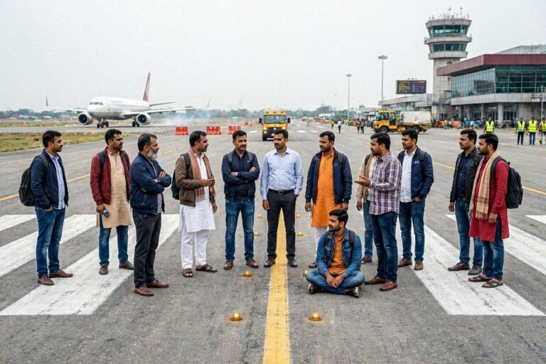 Group of men standing in a circle on an airport runway, with a passenger plane and control tower visible in the background.