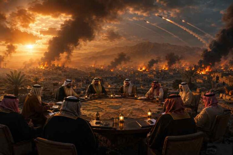 Group of men in robes sit around a circular stone table on a terrace as a burning town and smoke rise in a sunset sky.