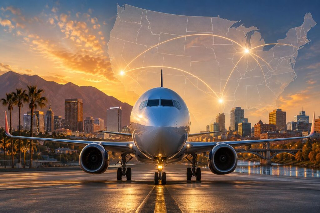 Commercial airplane on a runway at sunset with a glowing map of the United States showing connectivity lines over a cityscape backdrop.