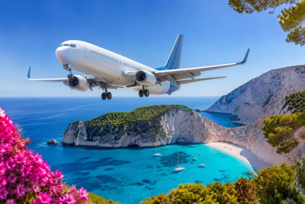 Airplane flying low over a turquoise bay with cliffs, boats, and sunny skies.