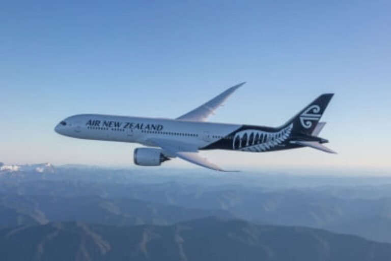 Air New Zealand passenger jet flying above a mountain landscape against a blue sky (in-flight view).