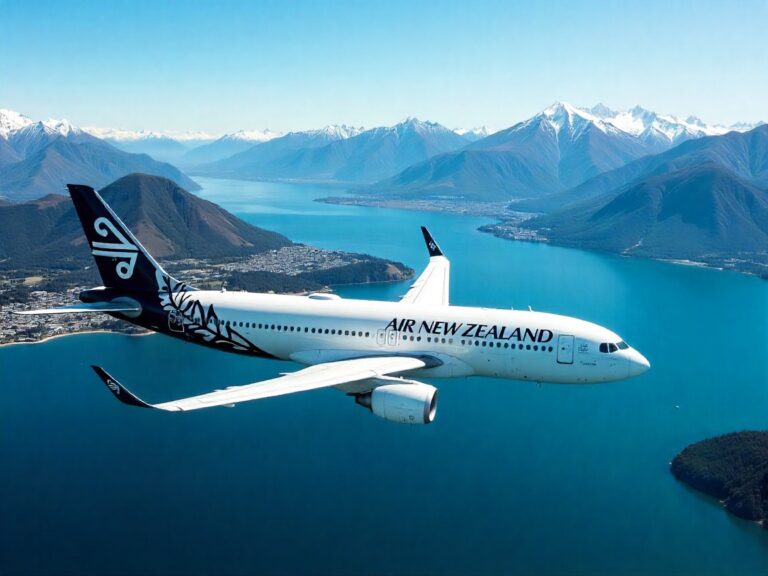 Air New Zealand passenger jet flying above a blue fjord with snow‑capped mountains in the distance.