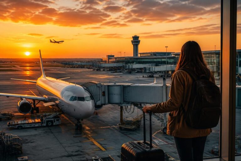 Traveler with a backpack and rolling suitcase waits at the gate as a plane is docked at sunset at the airport.