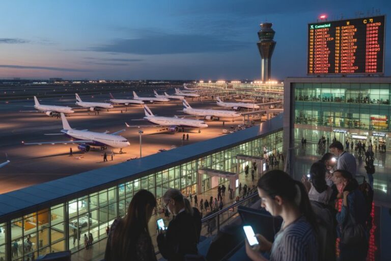 Airport terminal at dusk showing parked airplanes on the tarmac, a control tower, and passengers using smartphones inside the glass façade.
