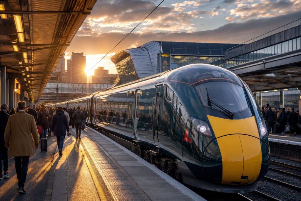 Modern high-speed train at a busy platform during sunset, with passengers walking along the platform and city buildings in the background.