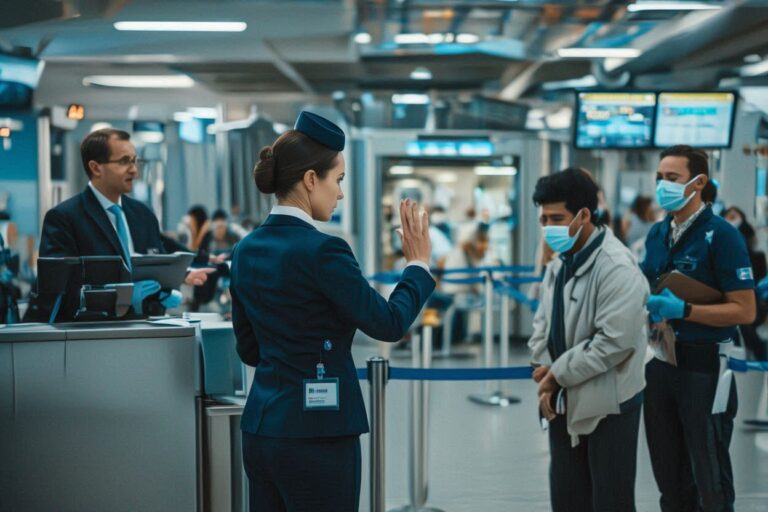 Flight attendant in navy uniform greets masked travelers at an airline check-in area with a kiosk and queue barriers nearby.