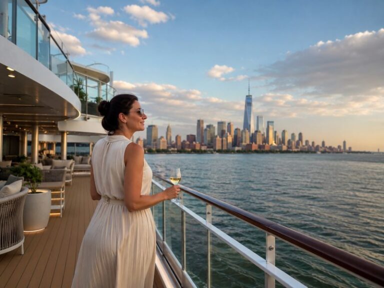 Woman in a white dress stands on a cruise ship balcony, holding a wine glass, with a city skyline across the water in the distance.