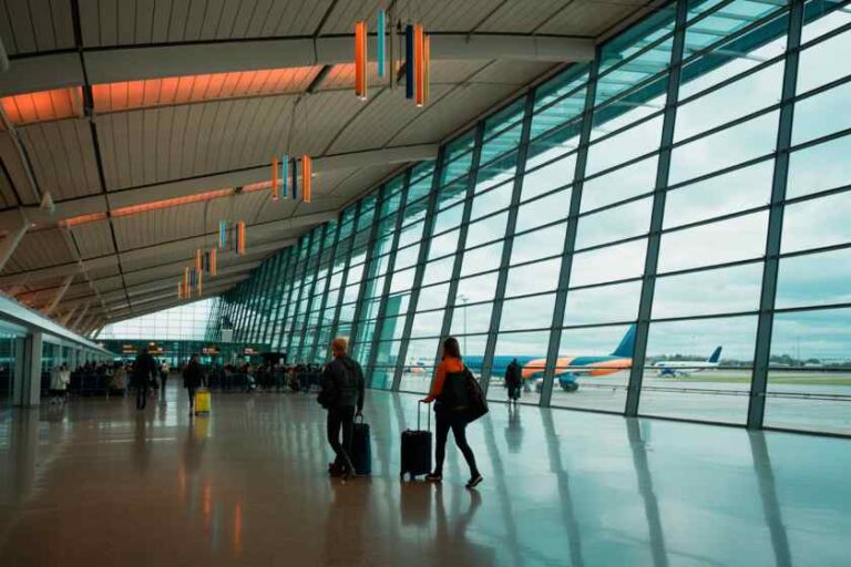 Travelers pulling rolling suitcases through a bright, modern airport terminal with large glass walls and planes visible outside.