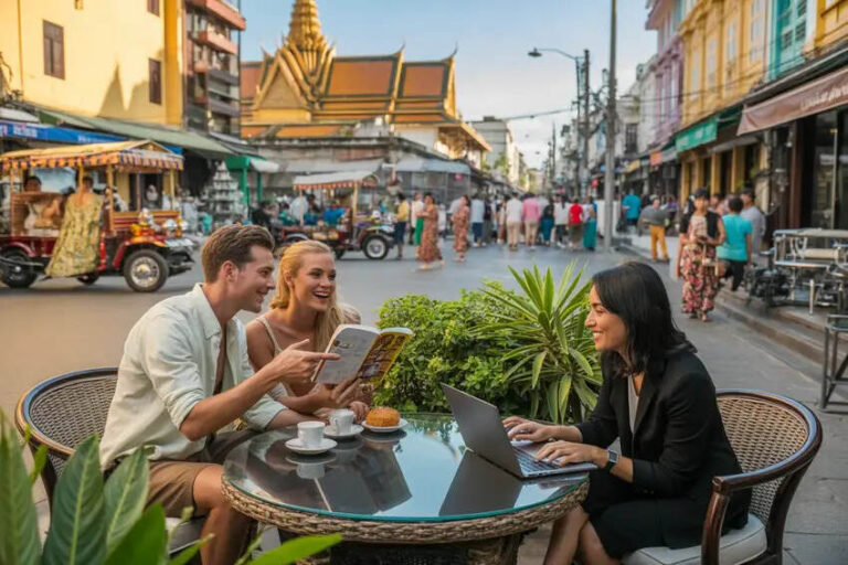 Three people sit at a round glass-topped outdoor cafe table on a busy street; a couple reads a menu while a woman with a laptop chats with them, with market stalls and a temple-style building in the background.