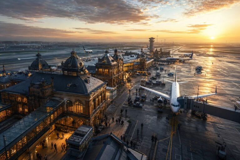 Sunset at a busy airport: a historic domed terminal, jet bridges, planes at gates, a control tower in the distance, and people walking on the wet tarmac.