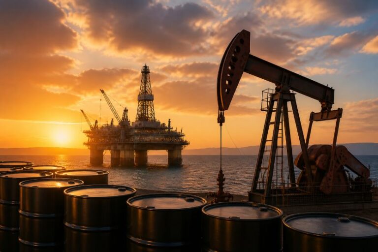 Offshore oil rig and pump jack at sunset with oil barrels in the foreground.