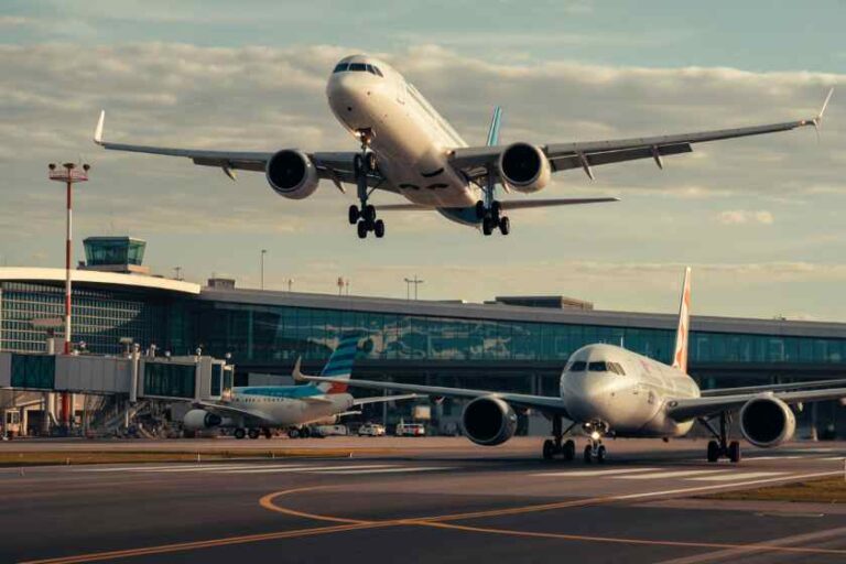 Airplane lifting off the runway above a gate-side scene with another jet taxiing and a glass-front airport terminal in the background.