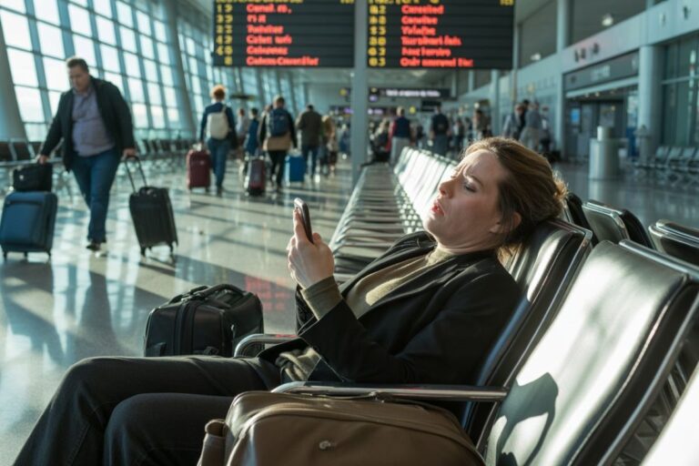 Traveler resting in airport seating, looking at her phone with rolling luggage nearby and a departure board in the background