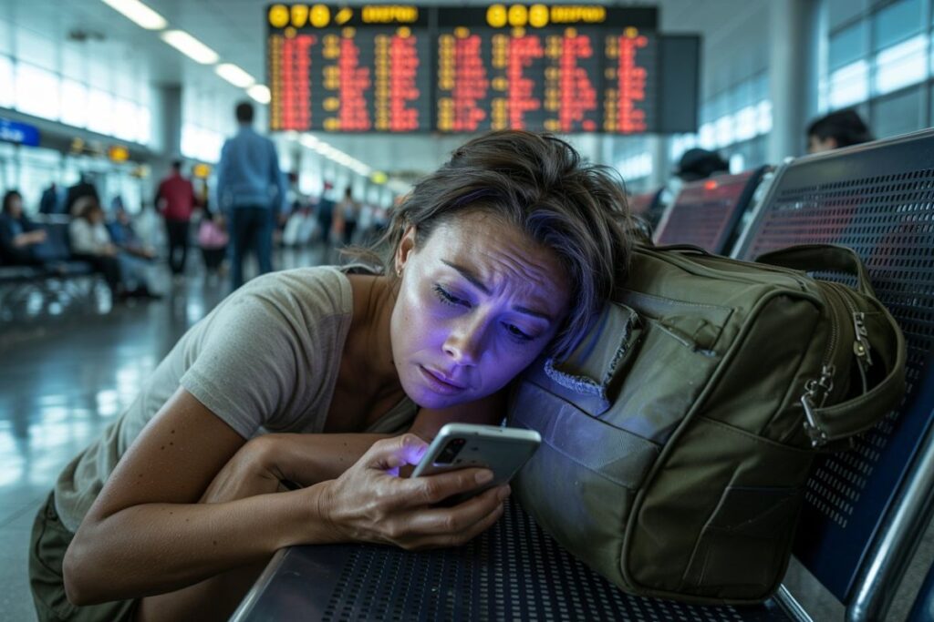 Woman leaning on a large backpack at an airport, looking at her smartphone with a worried expression.