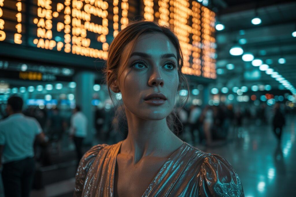A woman with a metallic top stands in a busy transit hub under orange board lights, looking upward with a thoughtful expression.
