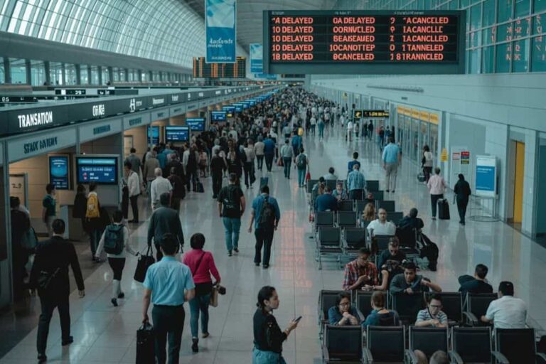 Busy airport terminal with travelers walking along a row of check-in counters on the left and a large flight information board overhead.