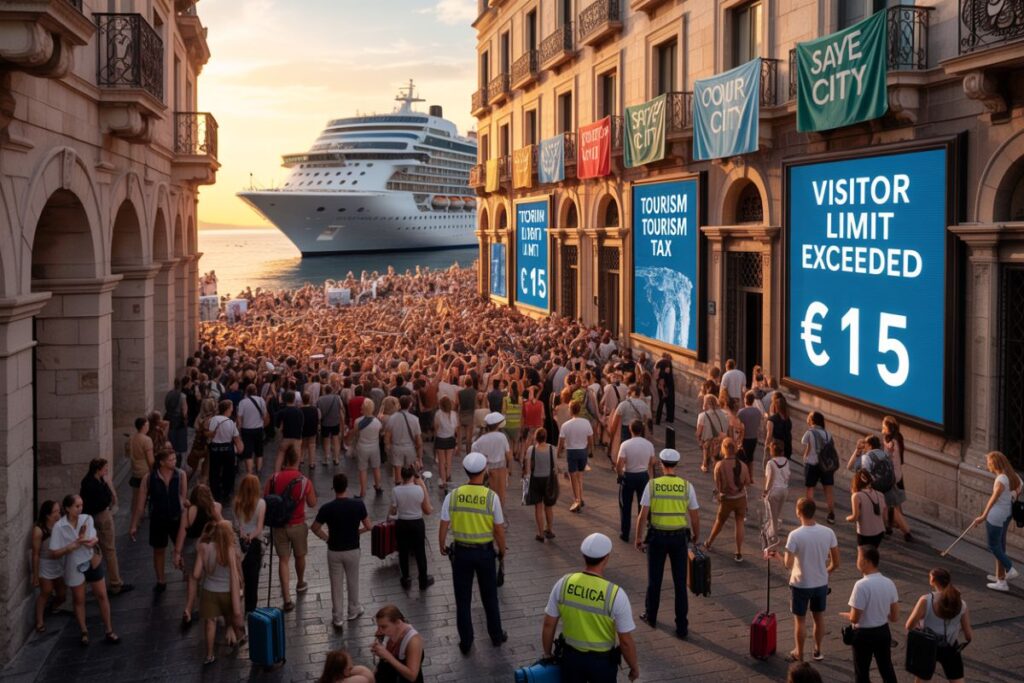 Crowded seaside promenade with a large cruise ship, police in high-vis vests, and bright signs reading 'Visitor Limit Exceeded €15'.