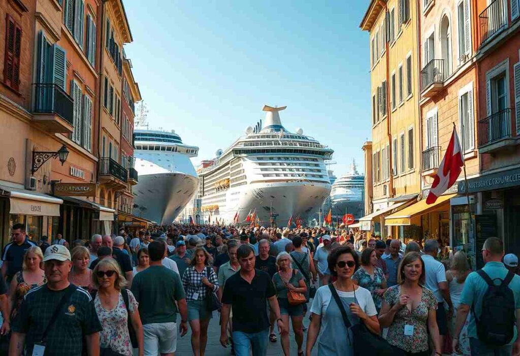 Crowded street in a port town with colorful buildings and three massive cruise ships anchored in the background.