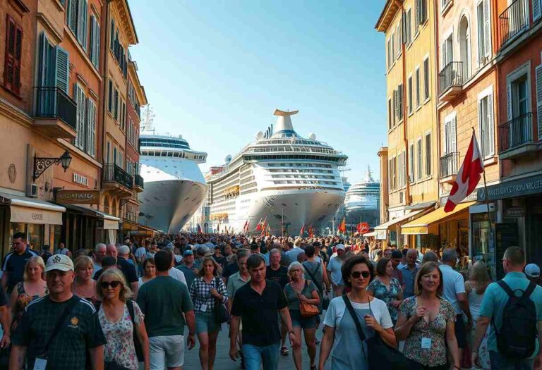 Crowded street in a port town with colorful buildings and three massive cruise ships anchored in the background.