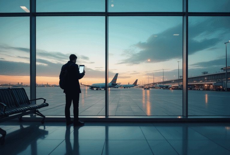Person in a suit with a backpack standing by large windows in an airport, looking at a tablet as planes sit on the tarmac at sunset