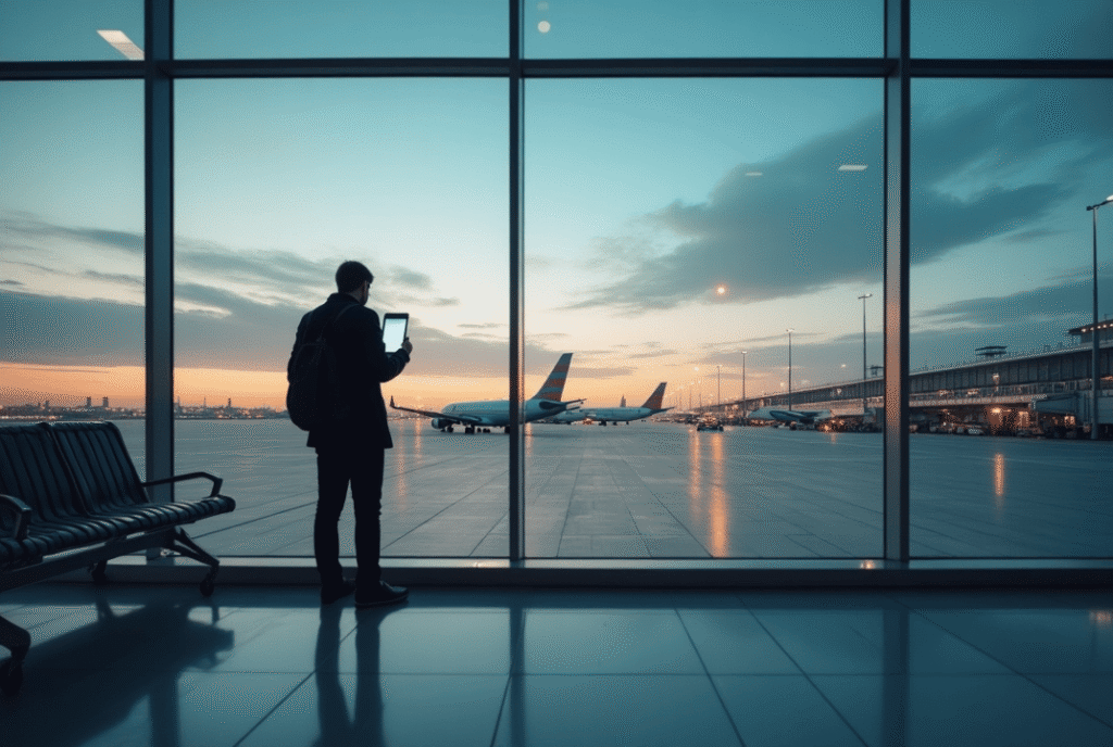 Person standing in an airport terminal, looking at a tablet with luggage on their back, as planes sit on the tarmac at sunset outside the glass walls.