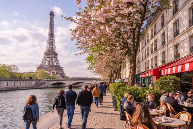 Pedestrian promenade along the Seine with blooming cherry trees, the Eiffel Tower in the distance, and a sidewalk cafe on the right.