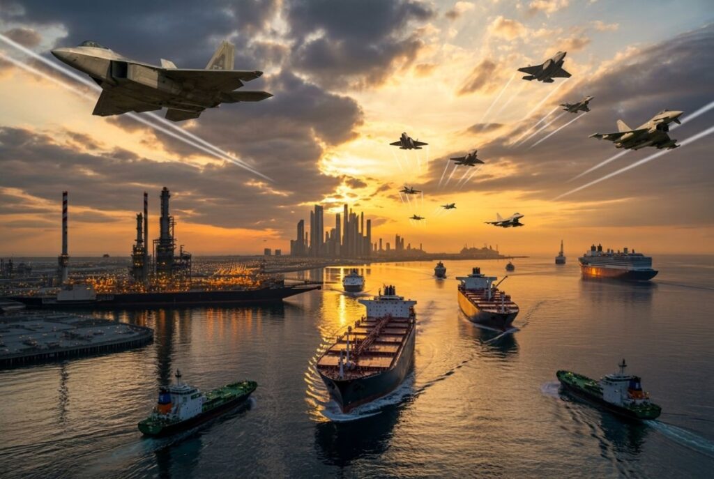 Fighter jets dropping contrails over a busy port at sunset with an industrial city in the distance and several cargo ships sailing.