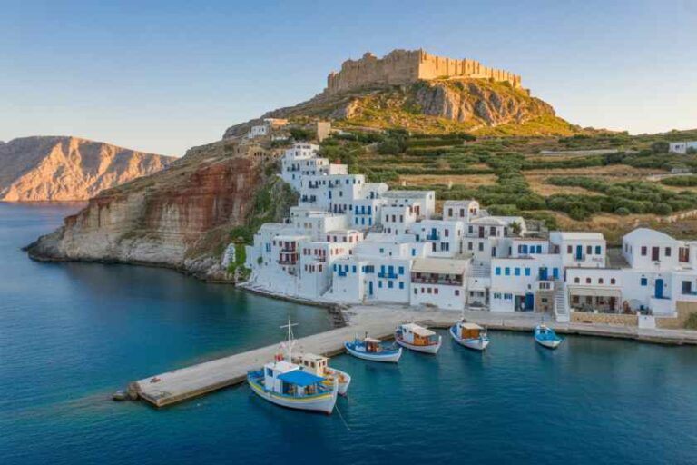 White-washed cubic houses with blue shutters line the harbor beneath a hillside fortress, with calm blue water and boats in the foreground.