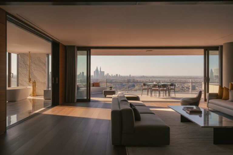 Modern living room with a gray sectional sofa and expansive glass doors opening to a balcony overlooking a city skyline.