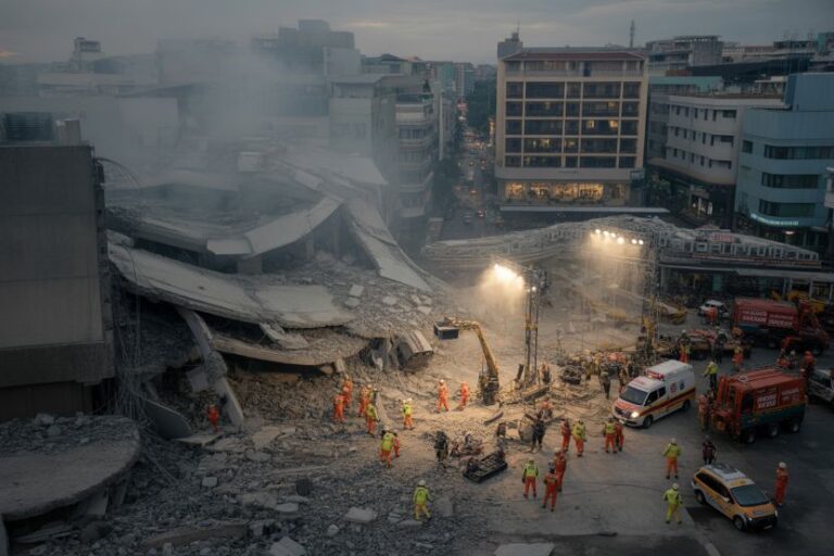 Emergency responders and heavy machinery work amid a collapsed building in an urban street at dusk.