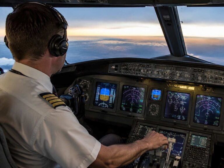 Pilot in cockpit wearing a headset, looking at flight instruments as sunrise lights the horizon outside the windshield.