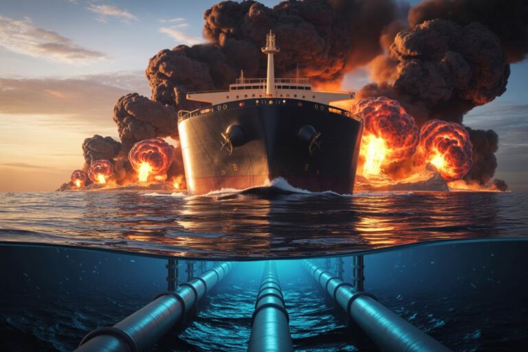 Exploding large ship on the sea surface with smoke and fire, viewed from beneath toward dramatic blasts and pipelines below the water.
